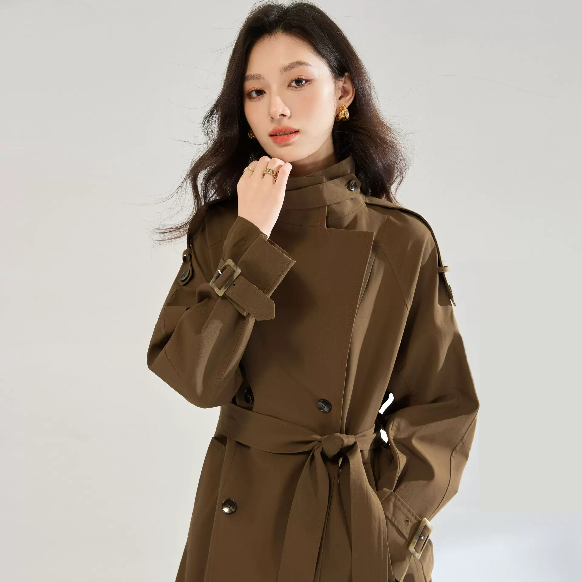 25秋英伦风复古咖色立领双排扣老钱风休闲气质长款风衣外套25551