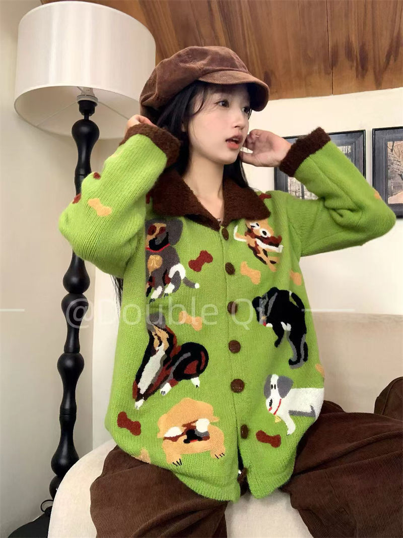 女款2024新款设计感感超好看绿色古着卡通针织衫毛衣秋冬