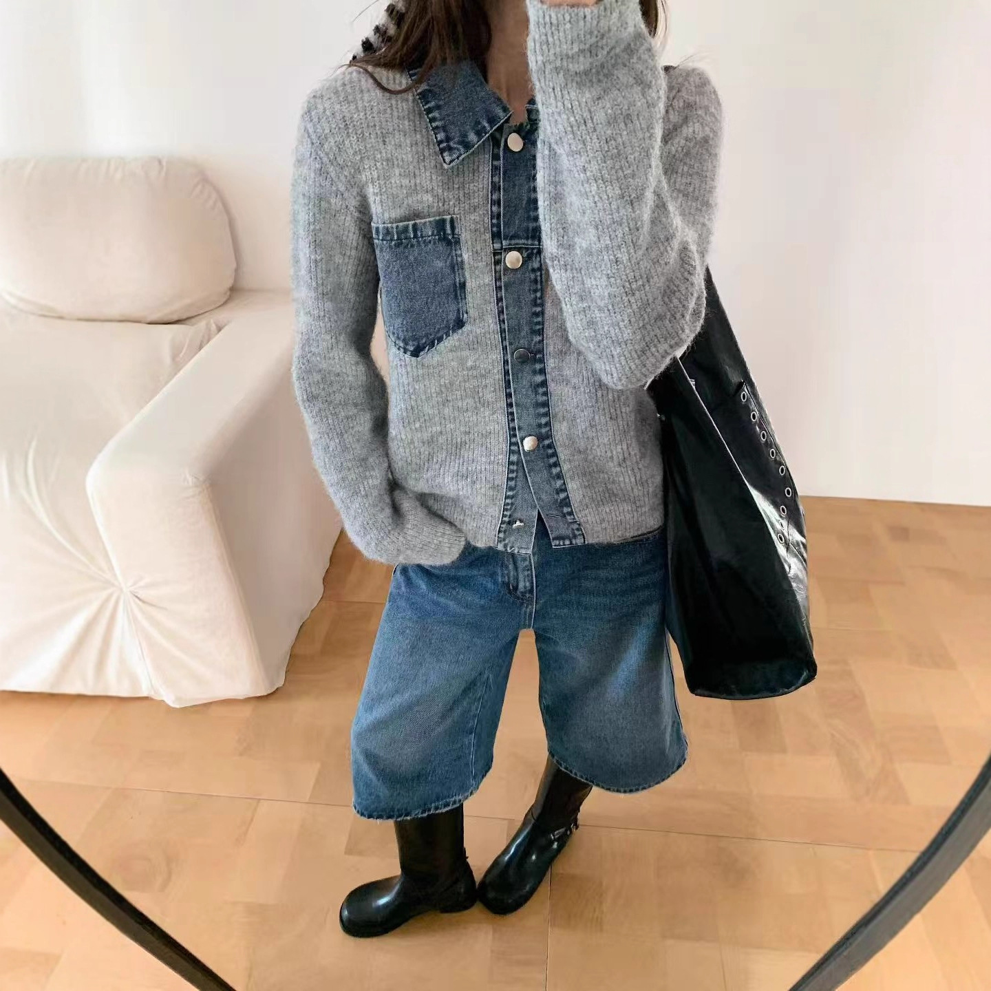 小众设计感秋冬PoIol领拼接牛仔针织开衫毛衣女宽松显瘦时尚外套