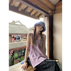 纯色简约不规则叠穿针织吊带背心女装夏季开叉宽松休闲上衣潮工厂