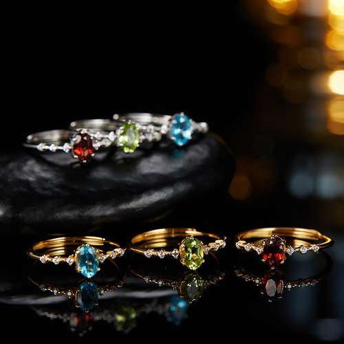 Live Streaming Jewelry S925 Pure Silver Ring for Women, Studded with Natural Colorful Gems, Open Ring, European and American Cross-Border Jewelry Wholesale