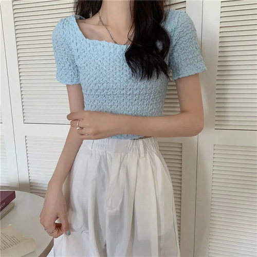 Square collar clavicle short-sleeved T-shirt for women in summer with unique design, sweet hottie pleated short high-waisted navel top trendy