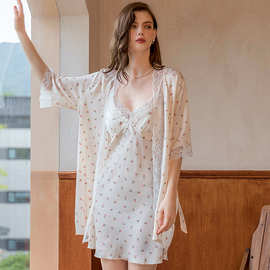 2022夏季新款睡衣女冰雪丝吊带睡裙半袖外披两件套家居服睡裙