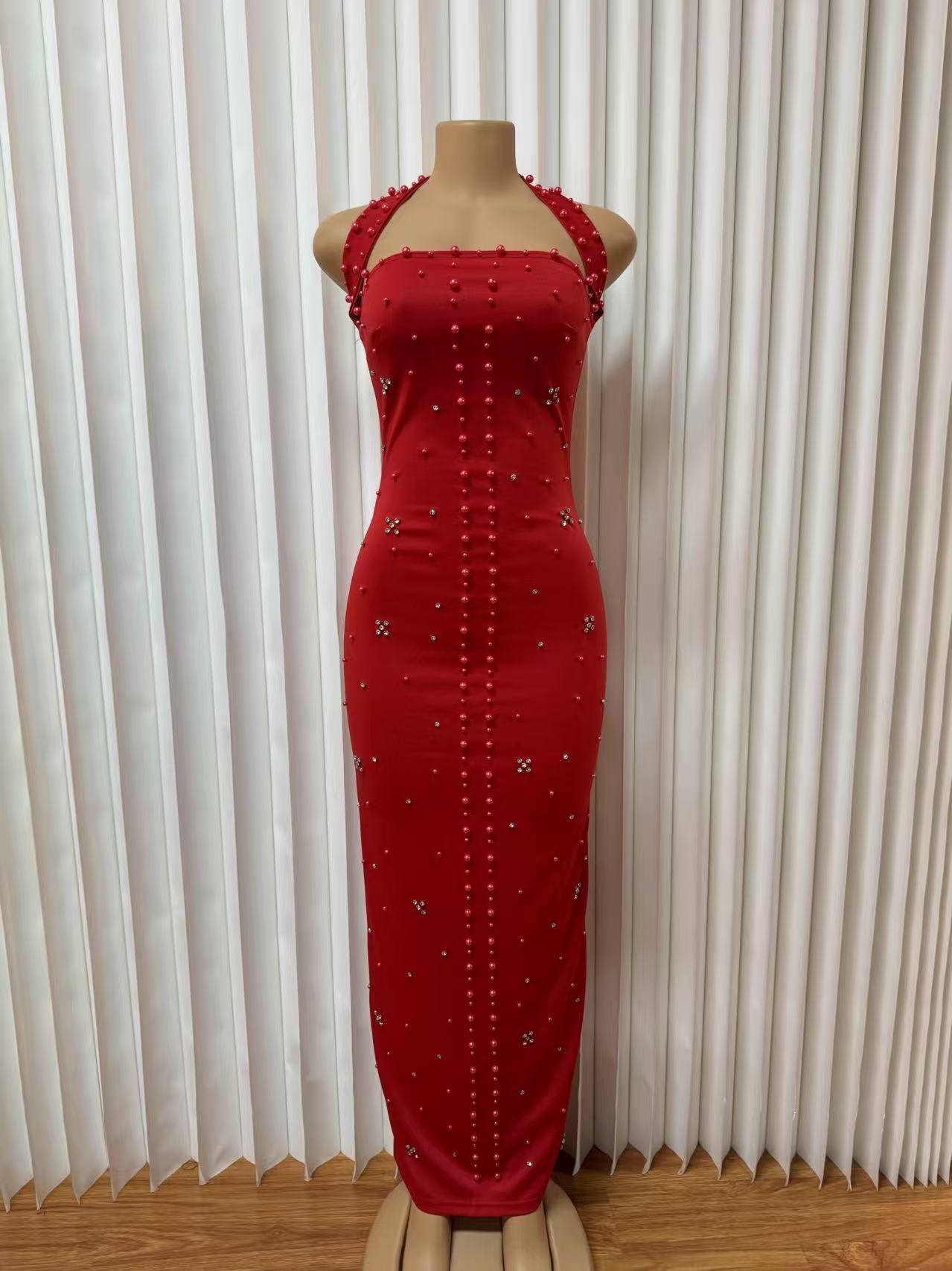 Women's Clothing Women's Halter Neck Bodycon Dress Rhinestone Bubble Bead Slim Fit Fashion For Formal & Casual For Women_ecoleips.com