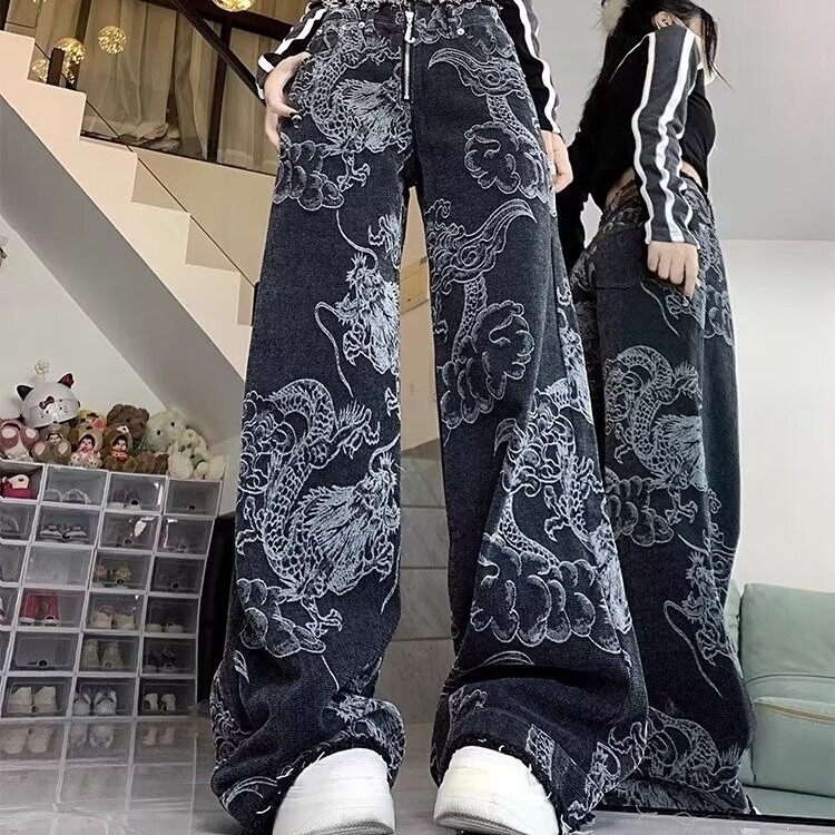 Chinese Style Dragon Embroidery Hip-Hop Straight-Leg Jeans for Men High Street Trendy High-Waisted Loose Slimming Wide-Leg Pants