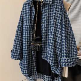 胖mm大码宽松千鸟格长袖衬衫女春夏季200斤水洗牛仔衬衣外套上衣