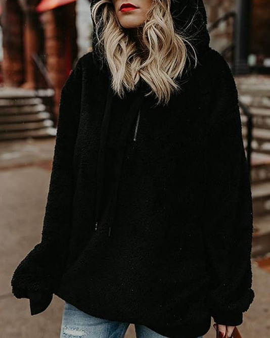 Autumn Winter Women Clothing Long Sleeve Hooded Solid Color Hoodie Cardigan Coat