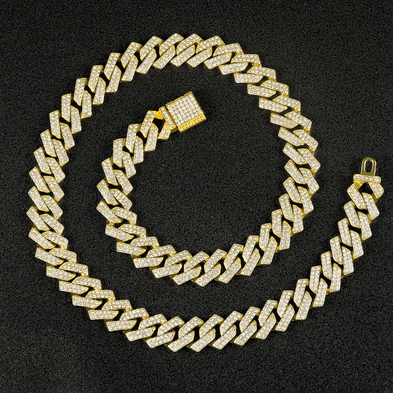 High-Quality Cuban Chain from the Source Manufacturer, 14mm Diamond-Shaped Half-Drilled Flip-Top Hip-Hop Necklace Bracelet Cuban Chain