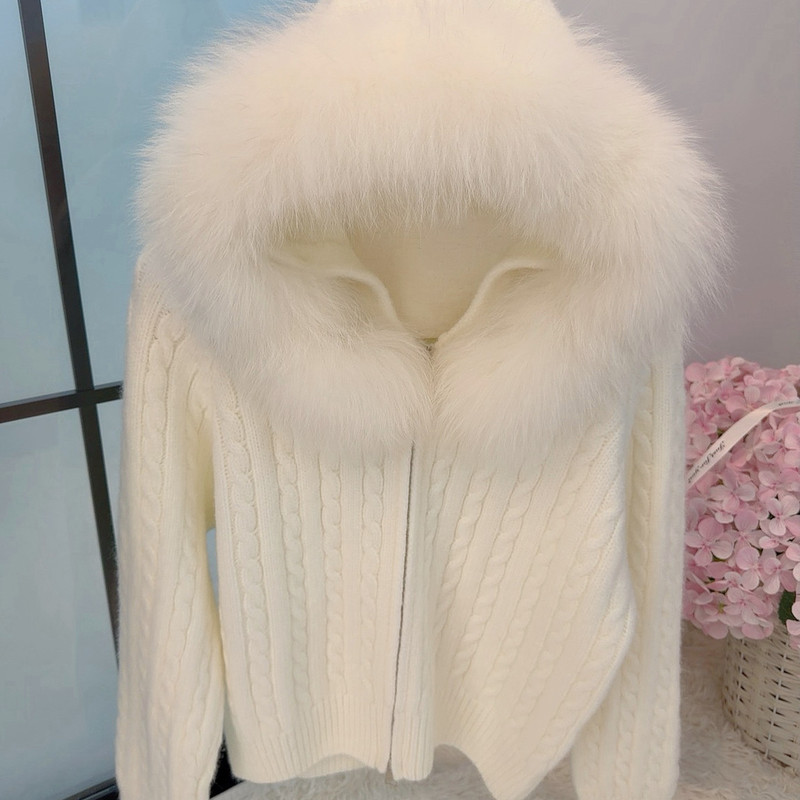 2026 Autumn/Winter New Hooded Knit Cardigan, Soft and Cozy Cable Knit Sweater with Fox Fur Trim, Detachable Real Fur
