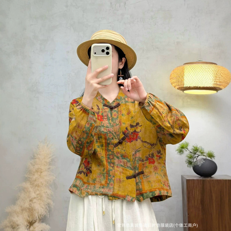 Retro double-layer gauze printed short coat for women, new autumn style, Chinese-style buttoned loose casual top, artistic cardigan