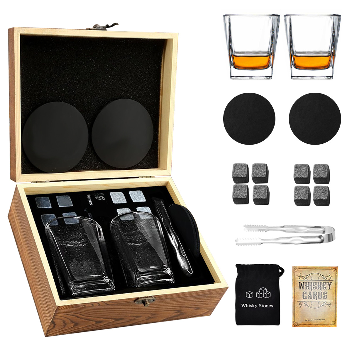 *사각형 원형컵 2컵 8스톤 위스키 나무 상자 15개 세트