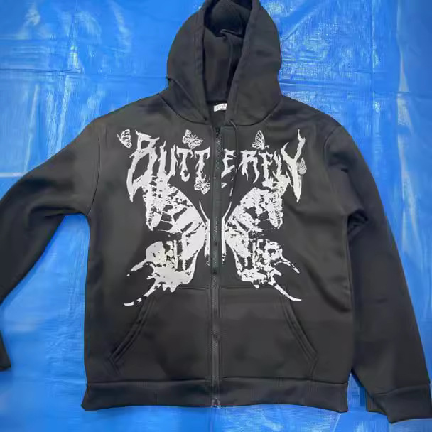 Men's Clothing Trendy Personality Butterfly Print Sweatshirt Men's High Street Fashion Brand Loose Casual Couple Hooded Cardigan_voghion.com