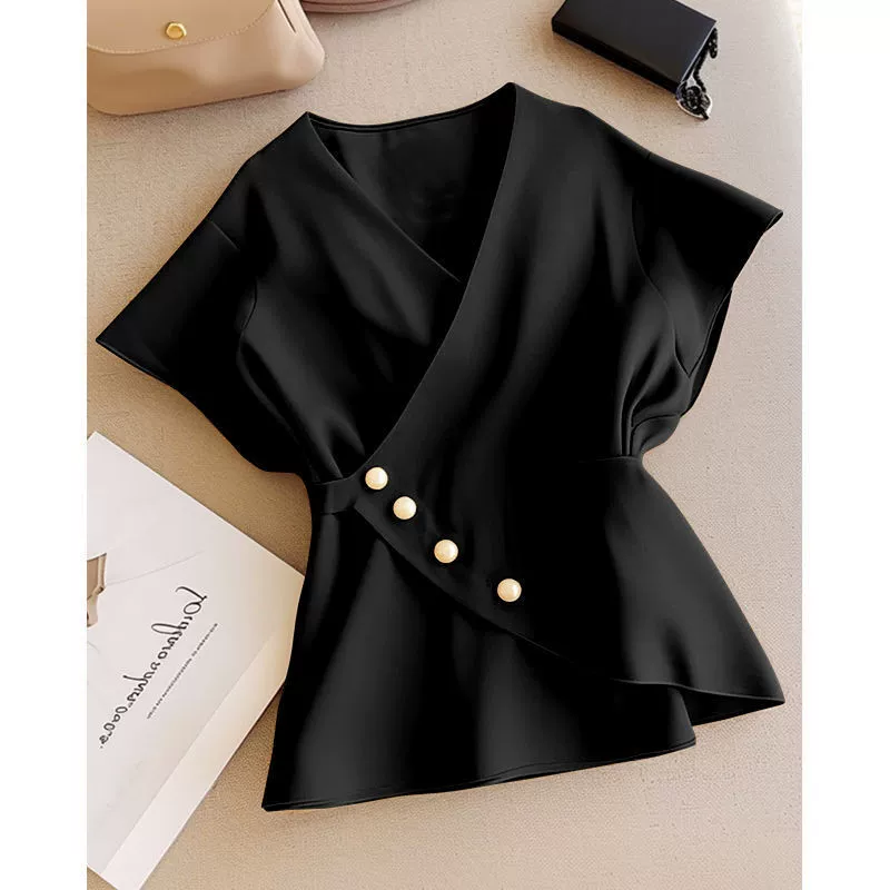 Легкая роскошная женская блузка с V-образным вырезом и короткими рукавами во французском стиле, с уникальным и изысканным дизайном, нишевый летний топ высокого класса.