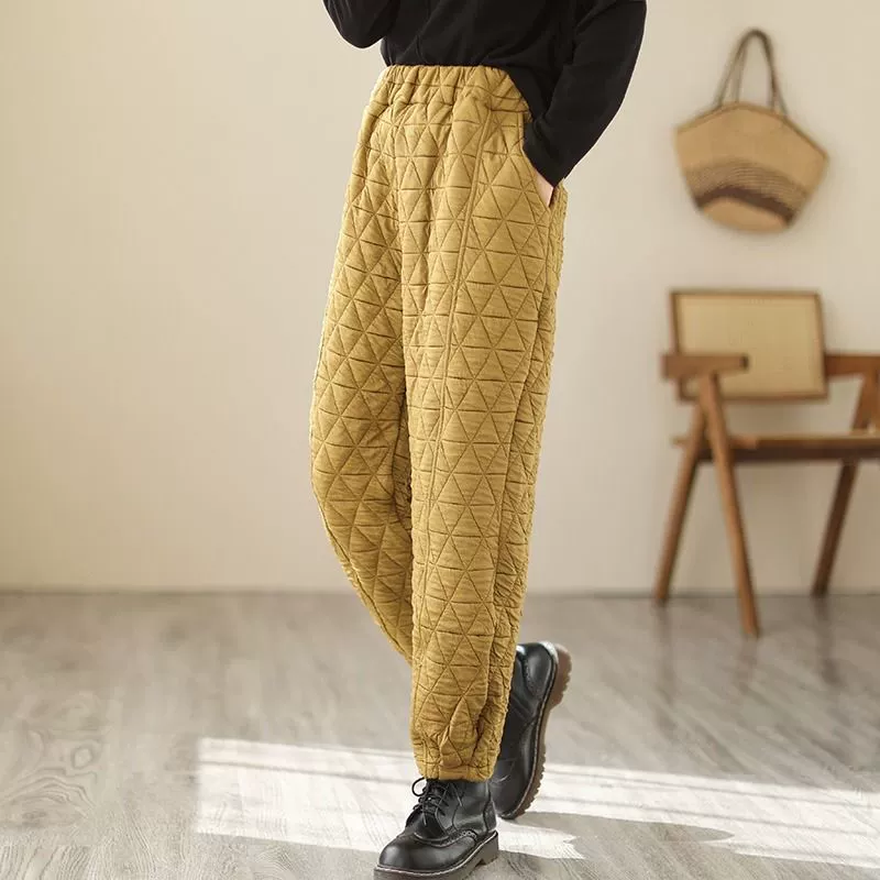 Japanese retro quilted warm trousers with diamond pattern, oversize
