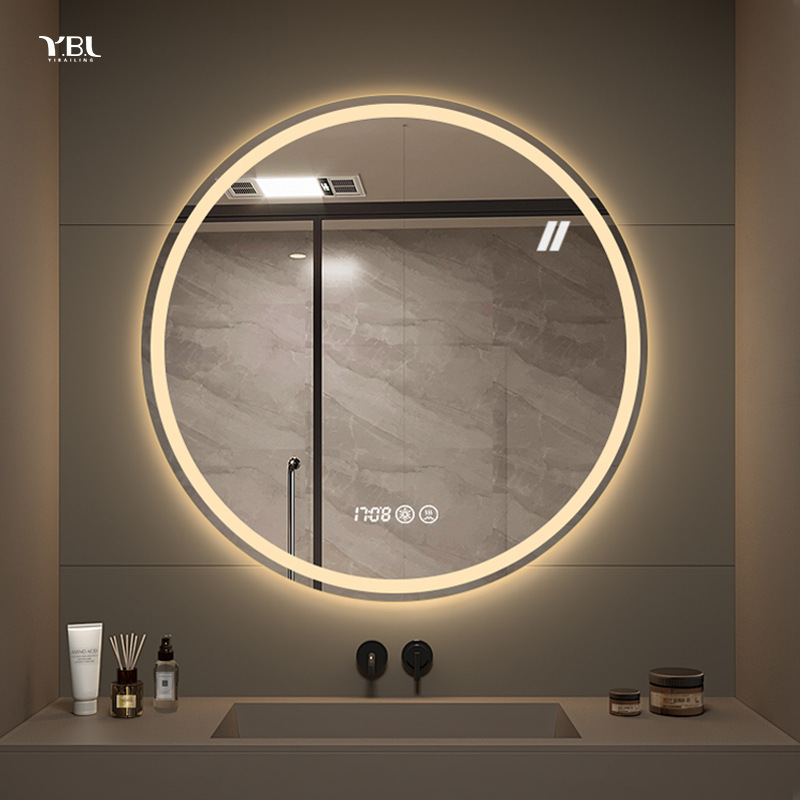Espejo de baño inteligente con pantalla táctil LED, espejo redondo antivaho montado en pared para maquillaje