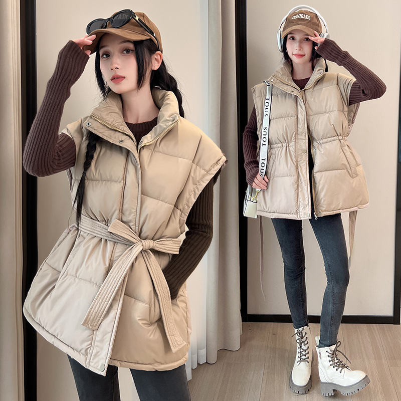 羽绒棉马甲女2025秋冬新款韩版学院宽松系带收腰纯色马夹背心外套|undefined