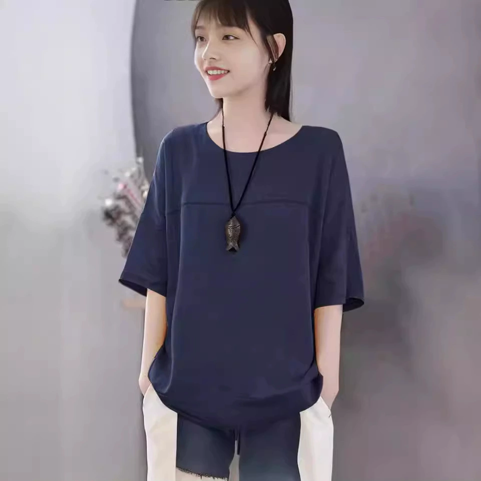 2023 весна и лето новый литературный стиль сплошной цвет повседневный короткий рукав хлопок льна рыхлый топ полукруса большой размер женской одежды