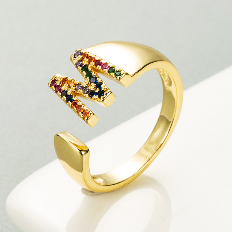 European And American Ring 26 English Letter Copper Gold-plated Inlaid Zircon Ring Opening Adjustable display picture 3