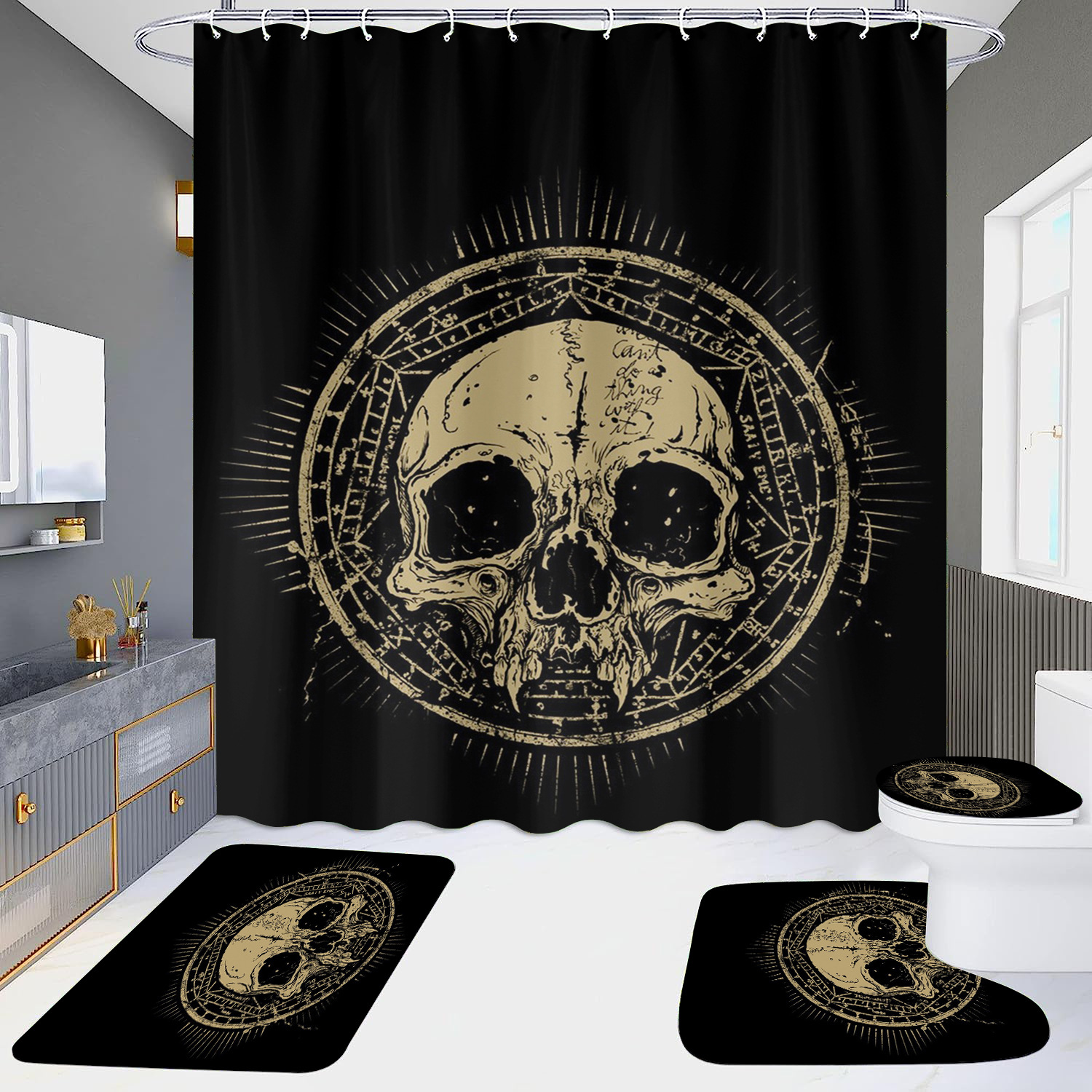 Cortina de ducha de suministro directo transfronterizo conjunto de cuatro piezas hd impermeable sin perforaciones baño hotel baño partición cortina wansheng cráneo