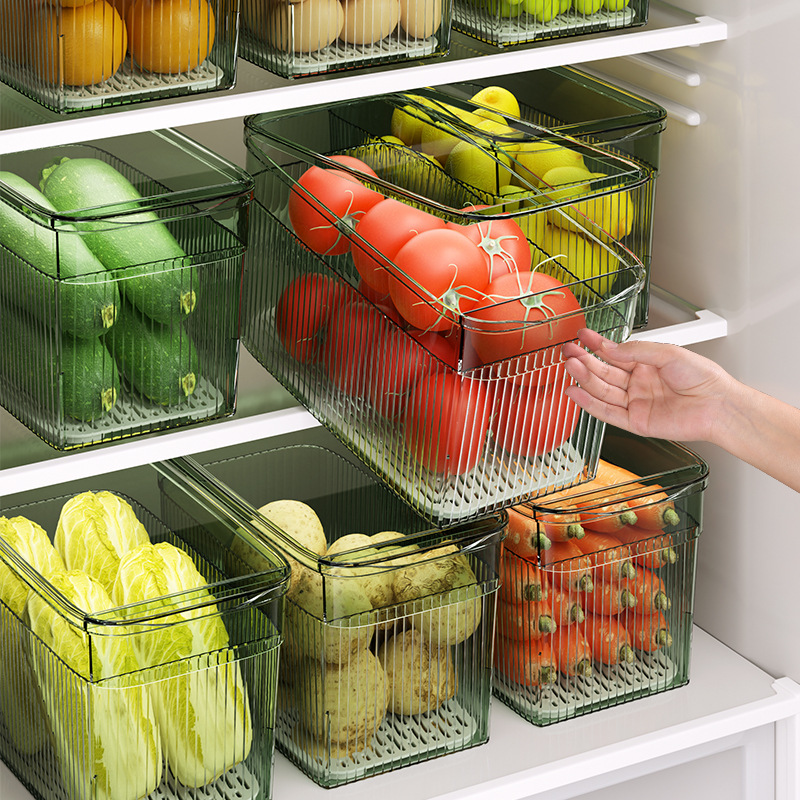 PET striped refrigerator storage box with lid drain transparent…