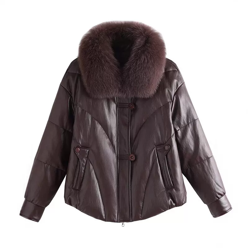 真皮皮衣女中长款2025新款狐狸毛领皮草宽松显瘦绵羊皮真皮羽绒服