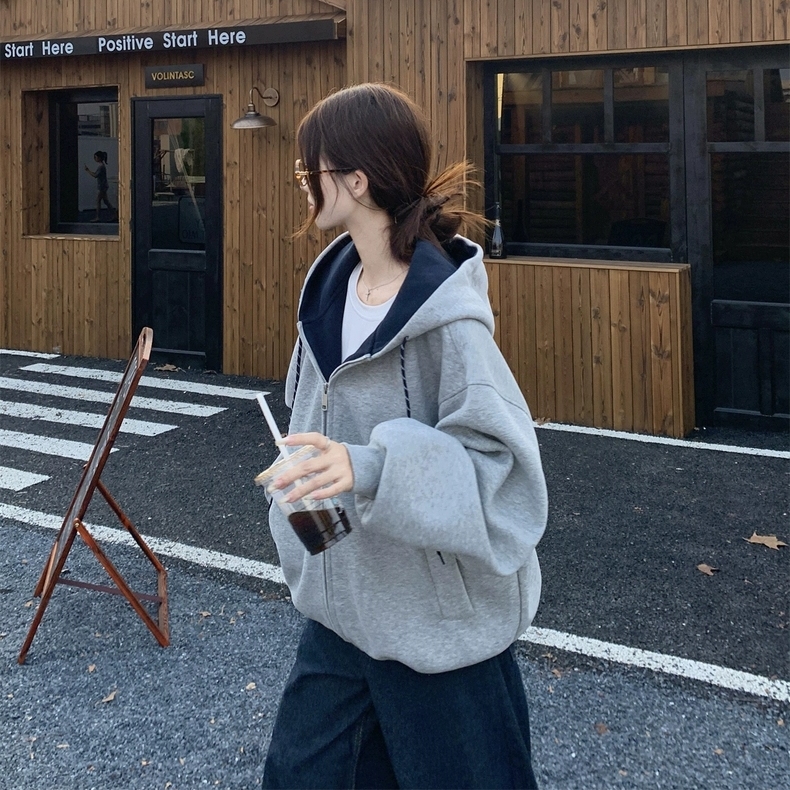 Korean Style Hooded Long-Sleeved Cardigan Zipper Jacket for Women, New Autumn and Winter Loose Fit, Fleece-Lined and Thickened, Unique Design Sweatshirt