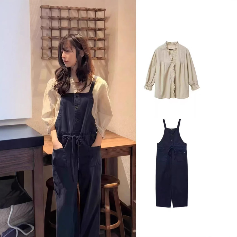Now Available: Korean Designer Via Drawstring Overalls Jumpsuit + Ruffled Shirt Korean-Style Women's Retro Outfit