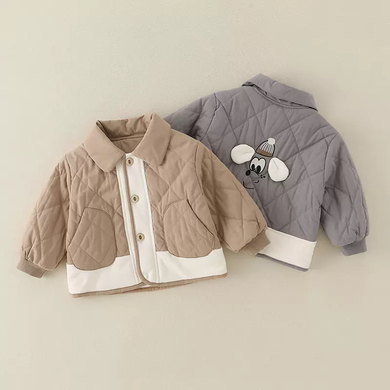 婴幼儿2025秋冬新款宝宝外穿韩版洋气双兜帅气男童翻领拼接薄棉袄