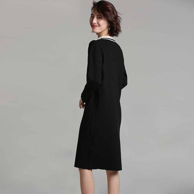 양모 블렌드 양모 여성 양모 공장 가공 V 넥 대비 색상 큰 원피스 그림 샘플 작은 배치 사용자 정의