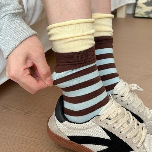 Patterned Socks for Women, Spring and Autumn Pure Cotton Medium Cuff Socks, Double Ribbed Color Block Pile Socks for Women, Ins Trendy Long Cuffs to Match Dresses