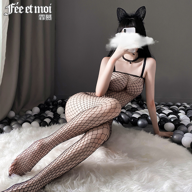 Feimu Sexy Lingerie Open-Crotch Women's Bodystocking Fishnet Transparent Uniform One-Piece Fishnet Stockings 7503 Black Stockings