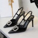 312-K202 stylish high-heeled shoes with rhinestone V-buckle decoration, pointed shallow mouth straight buckle strap, single shoe for women