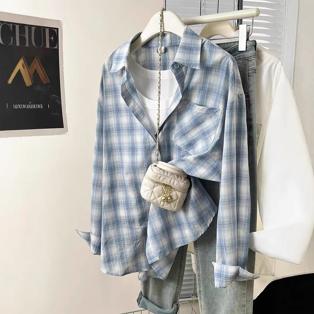 Blue Plaid Sunscreen Shirt Coat Women's Summer Design Sense Niche Thin Shirt Cardigan Casual Loose Top