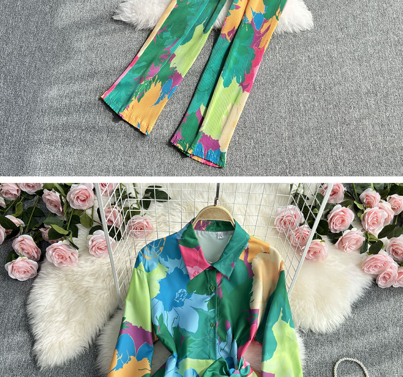 Women's Clothing Fashion suit women's casual loose long sleeved single breasted shirt two piece set high slimming tie dye printed wide leg pants_voghion.com