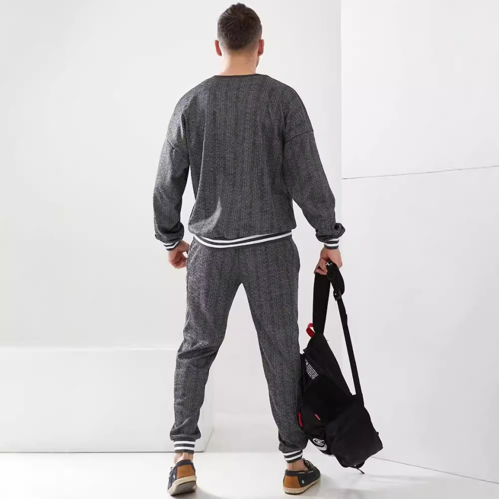 2024 ribbed contrasting color splicing sweatshirt men's two-piece furniture leisure sports set_voghion.com