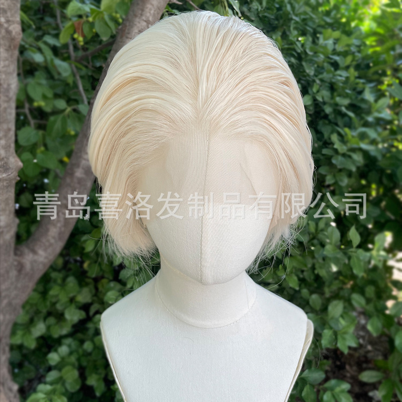 Cross-Border Lace Front Wig Men's Short Hair 13X4Cos President Natural Curly Short Hair Off-White Matte Wig
