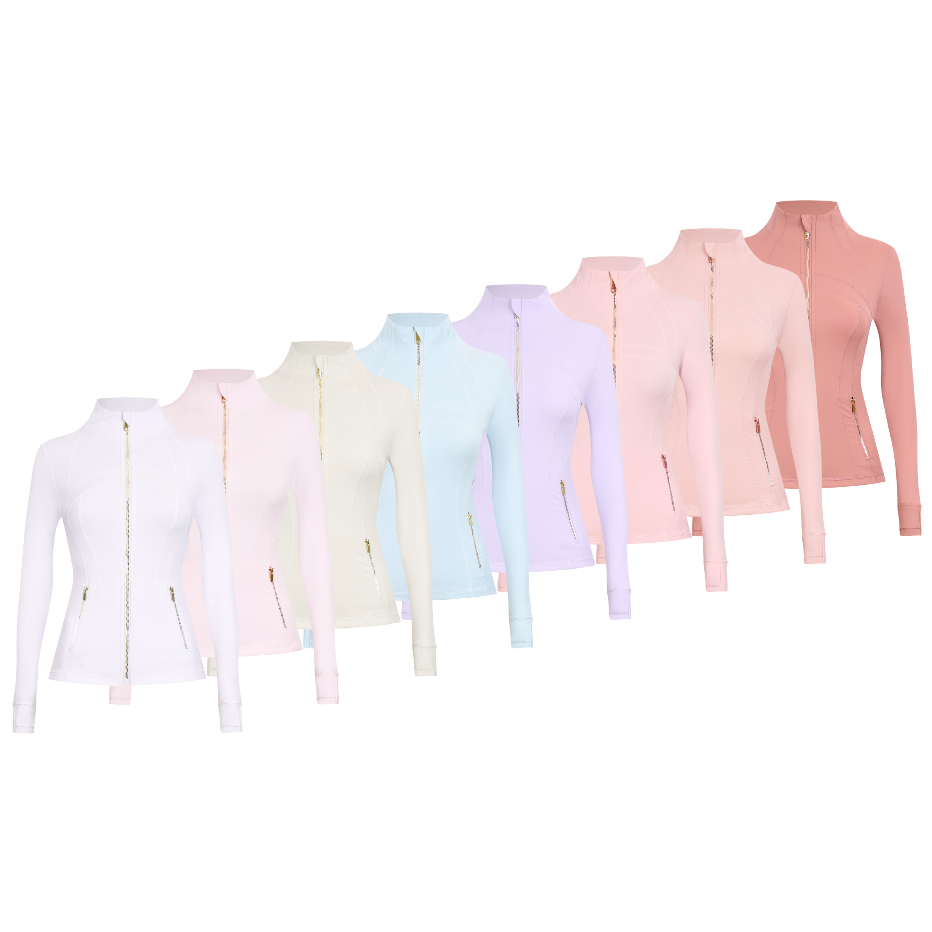 Women's double gold zipper slim-fit running sports jacket, nylon long-sleeve yoga fitness top