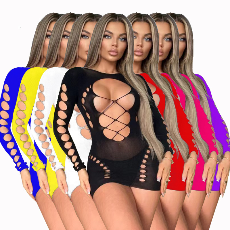 European and American sexy lingerie one-piece fishing net hollow mesh long sleeve sexy tights