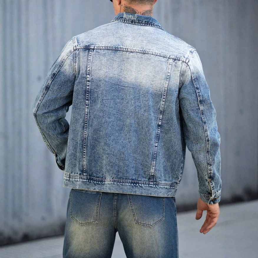 Men's Clothing Heavy Duty Denim Jacket Trendy Brand Pleated Gradient High Street Style Slight Stretch Outerwear_voghion.com
