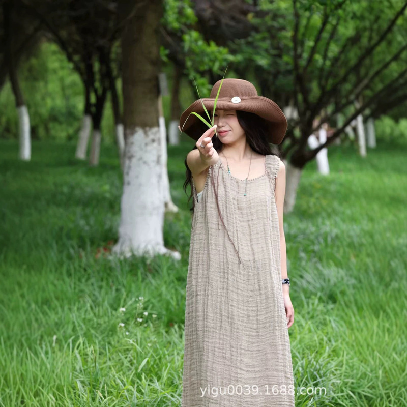 240314-1 Yimuran crepe fabric handmade long suspender dress, loose and relaxed sleeveless tea dress