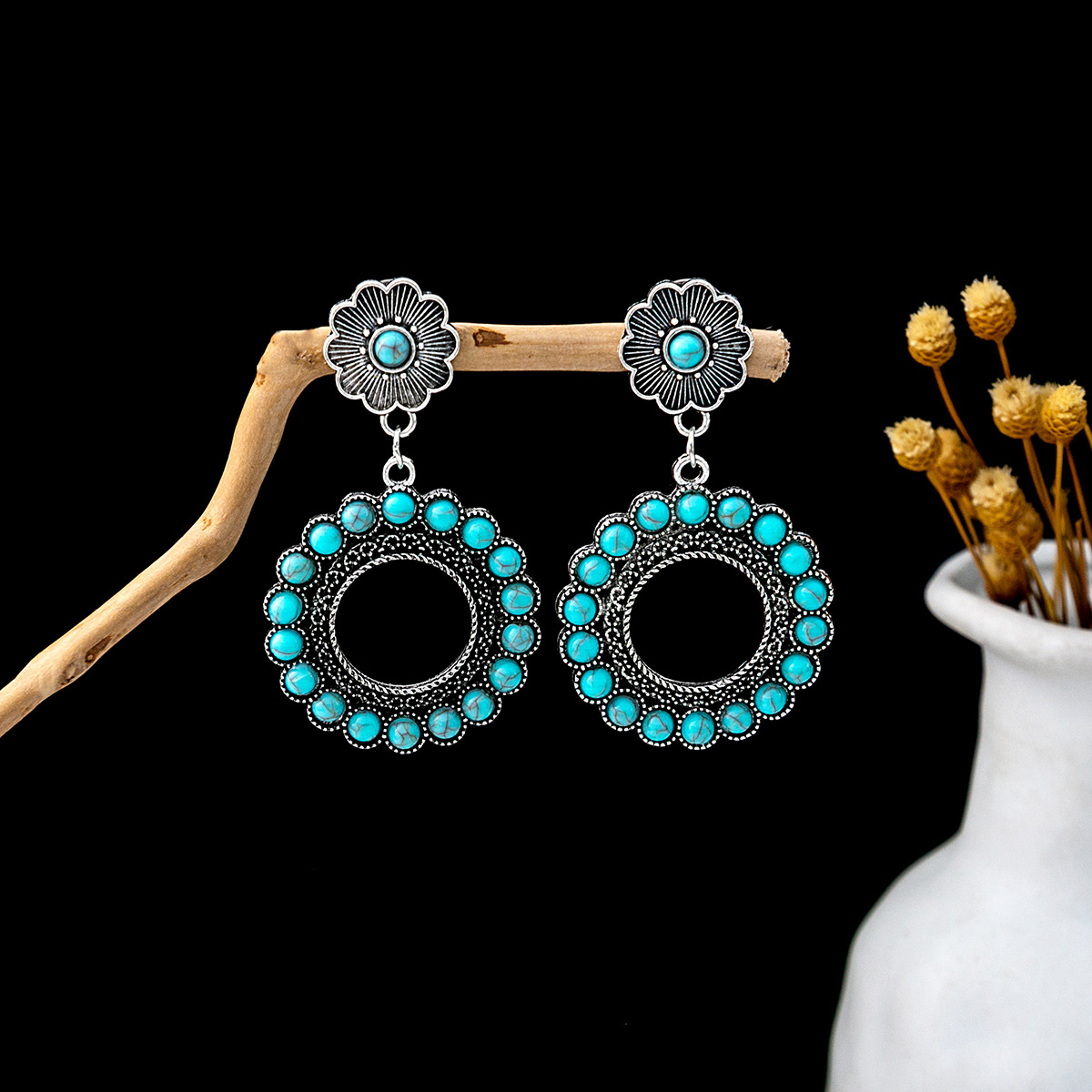 1 Pair Casual Retro Geometric Beaded Alloy Turquoise Drop Earrings display picture 9