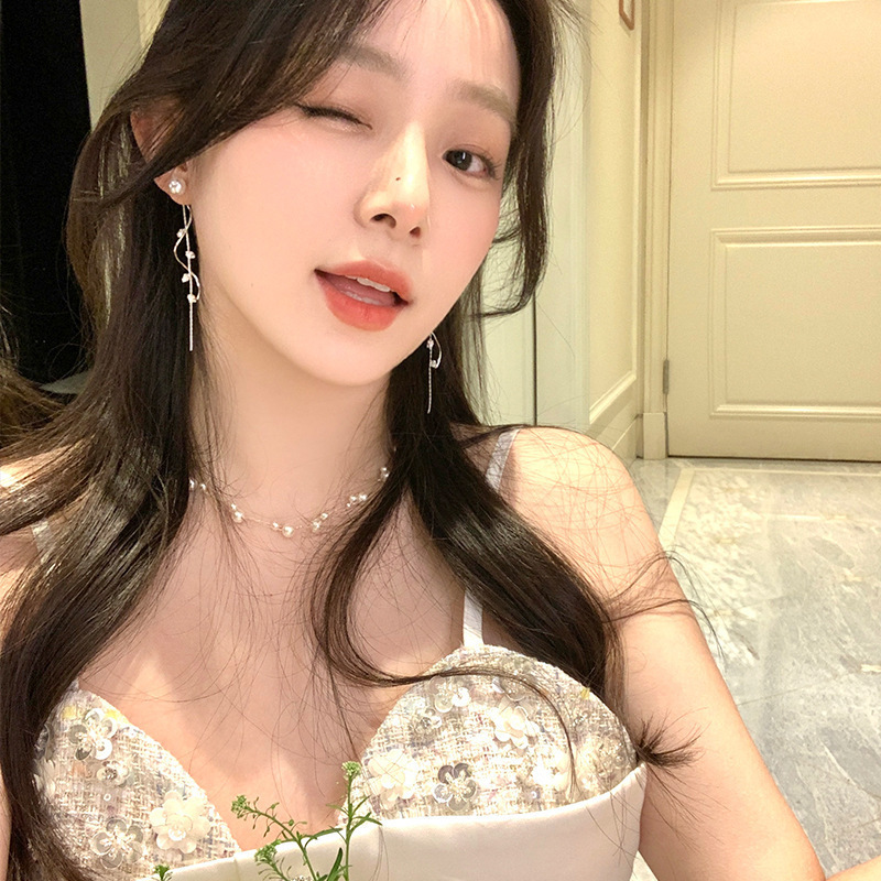超长款珠珠曲线流苏叶子耳钉耳环女仙气百搭耳饰2025新款时尚|undefined