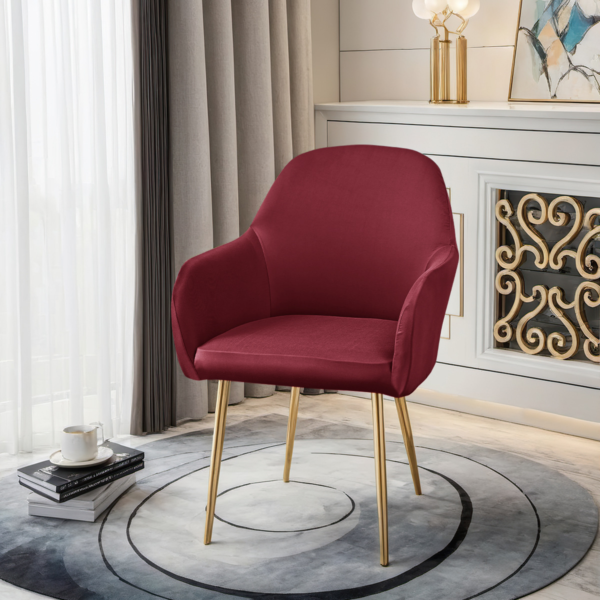 Transfronterizo 75D seda de leche impermeable nueva cubierta de silla curva reposabrazos altos cubierta de silla elástica de forma especial cubierta de silla de comedor de hotel TEMU