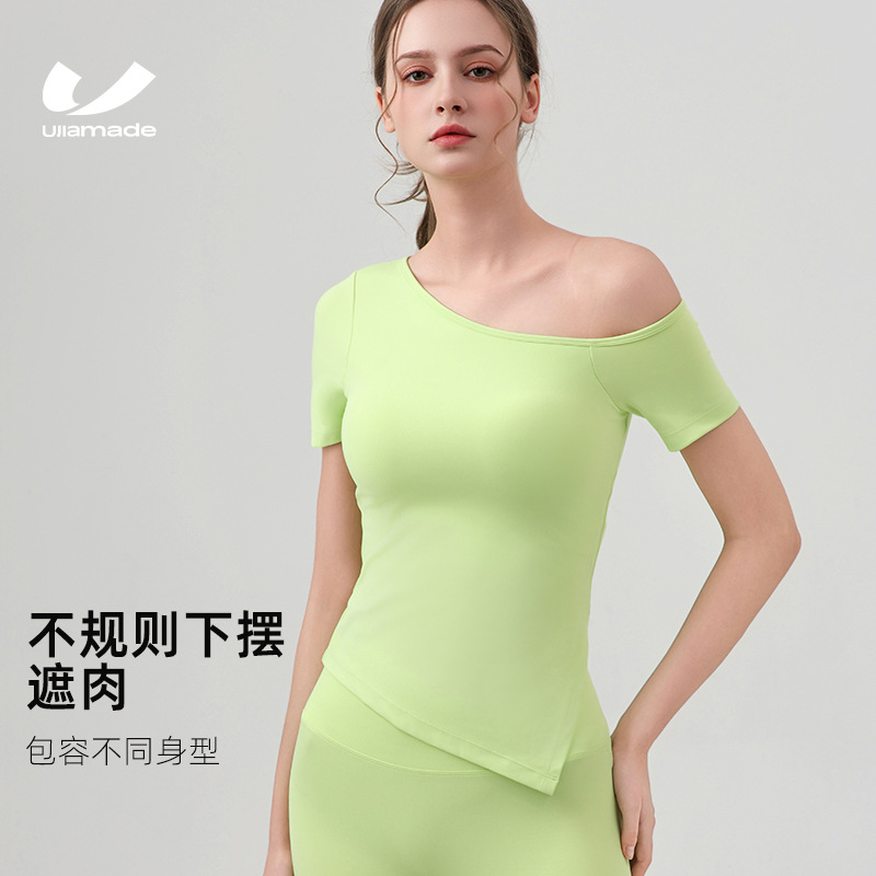 Yoga Clothing Oblique Shoulder Yoga Short-sleeved T-shirt Slim-fit Tight Waist to Cover Meat Sports Short-sleeved Fitness Vest Fixed Chest Pad