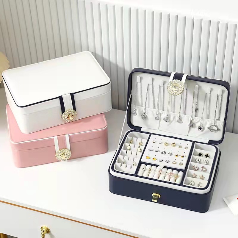 double-deck PU European style jewelry storage box Jewelry Necklace Pendant box Jewellery white Portable Packaging box Jewelry box