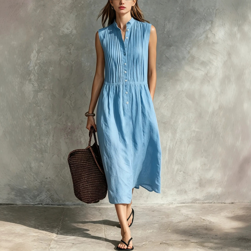 Cross-Border Foreign Trade New European and American Style Women's Fashion Simple and Elegant Sleeveless Single-Breasted Shirt Mid-Length Dress