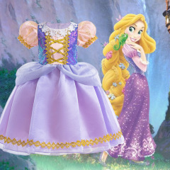 外貿新款兒童禮服裙女童長髮公主裙萬聖節亮片拼接網紗表演連衣裙