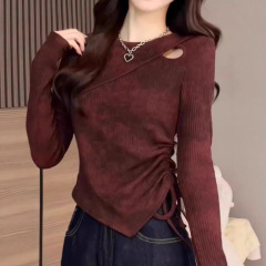 红色辣妹不规则巨好看长袖t恤女秋季内搭设计感小众修身打底上衣
