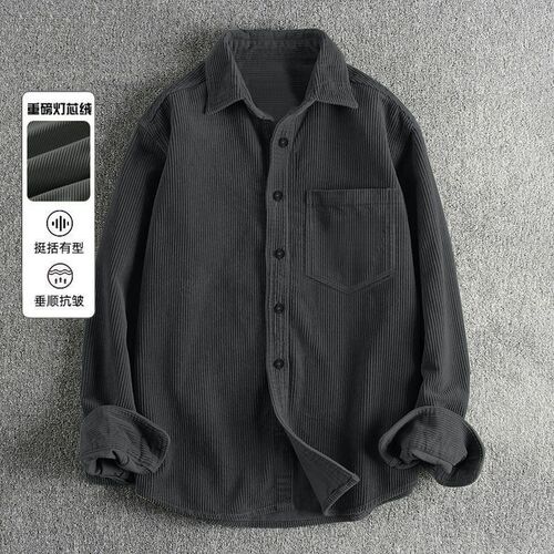 Men's corduroy American shirt spring and autumn loose top long-sleeved retro shirt outside wear large size coat lapel
