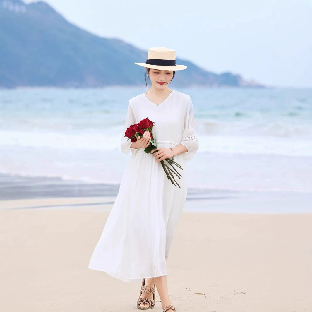 2025 весна и лето новый белый элегантный тонкий рами кружево с рукавами фонаря тонкое платье